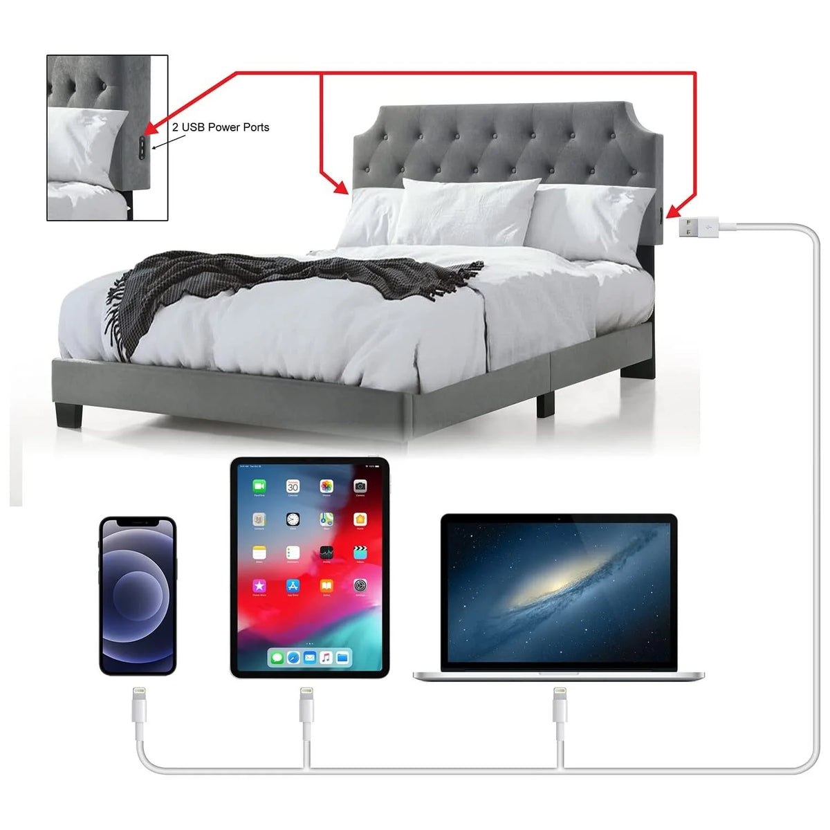 Grey Velvet Twin Size Bed with USB S13014