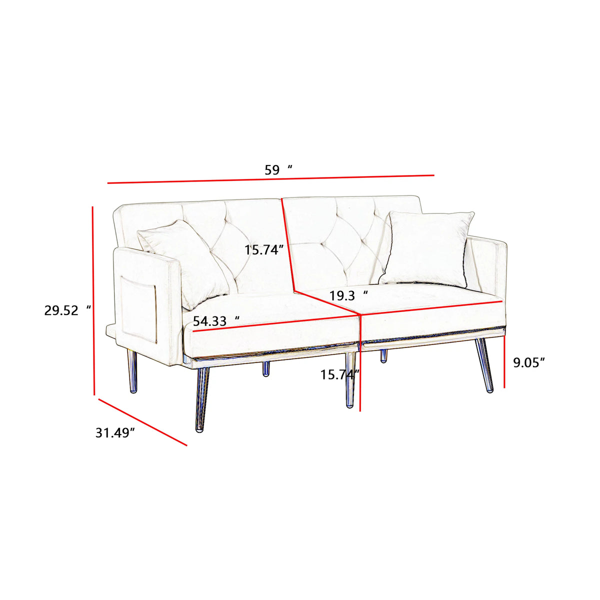 White Velvet Futon Sofa Bed with Gold Metal Legs M242
