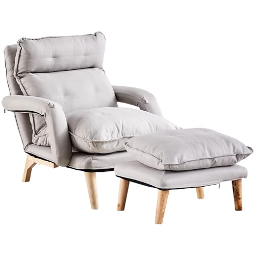 Gray Linen Accent Chair with Ottoman T582