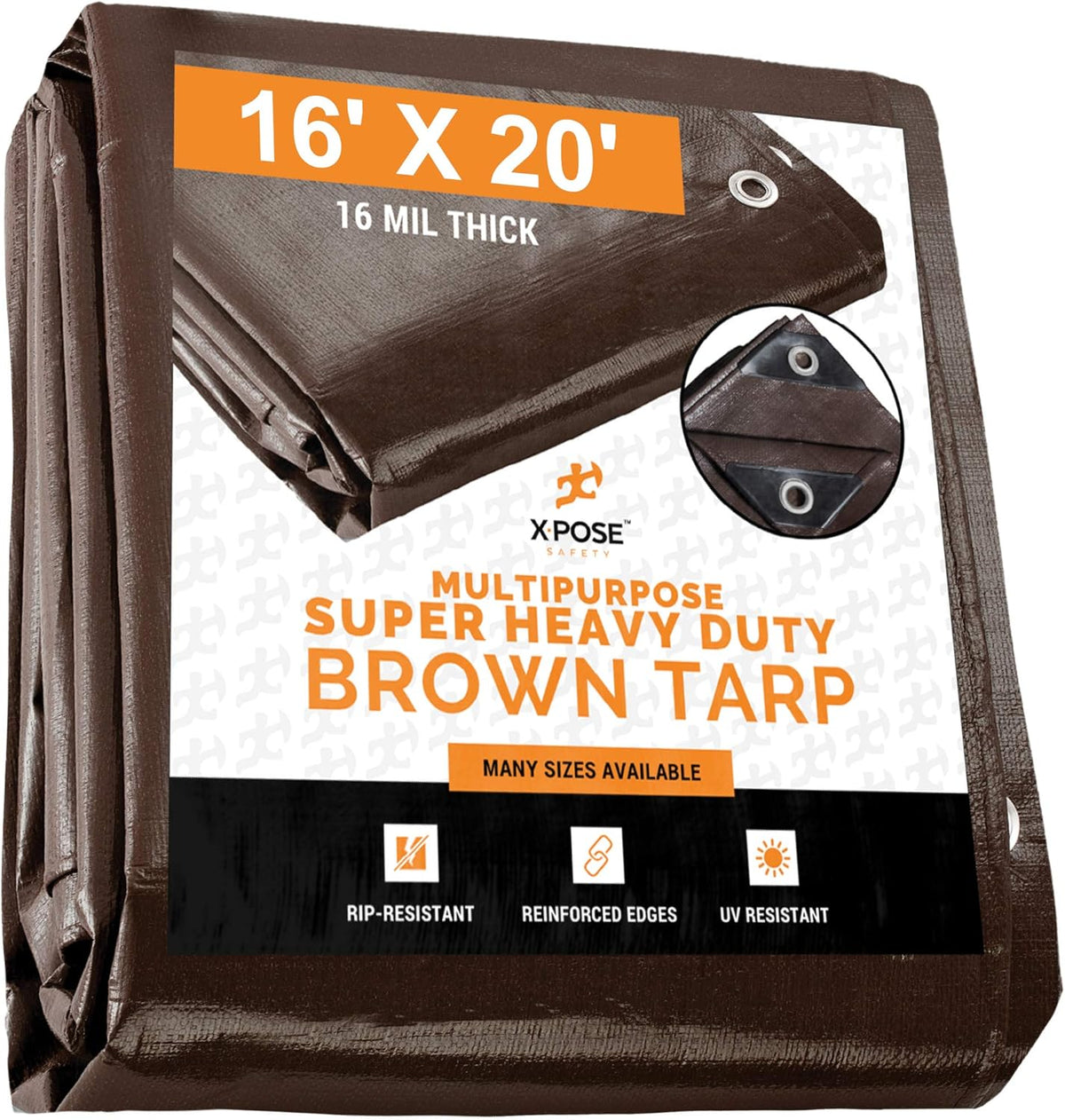 16' x 20' Brown 16 Mil Waterproof Poly Tarp Cover with Grommets and Reinforced Edges V9154