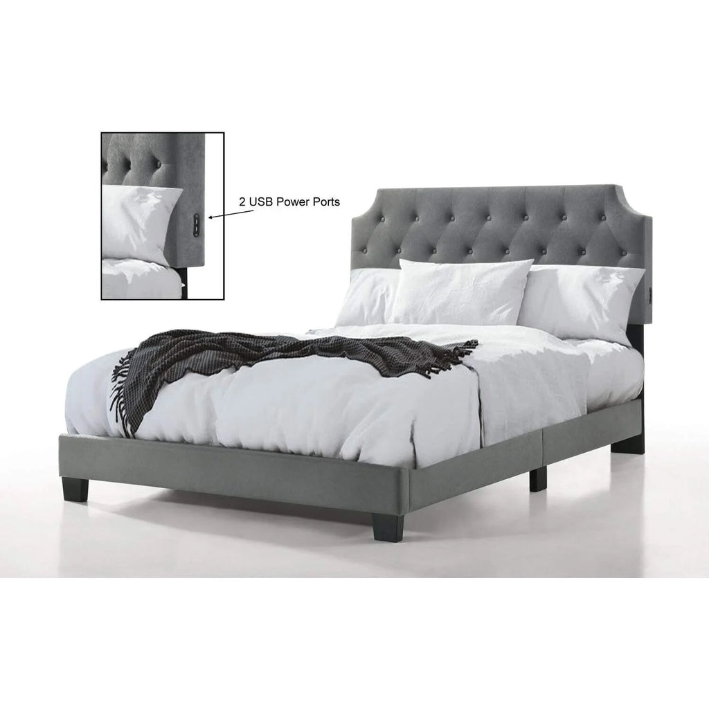 Grey Velvet Twin Size Bed with USB S13014