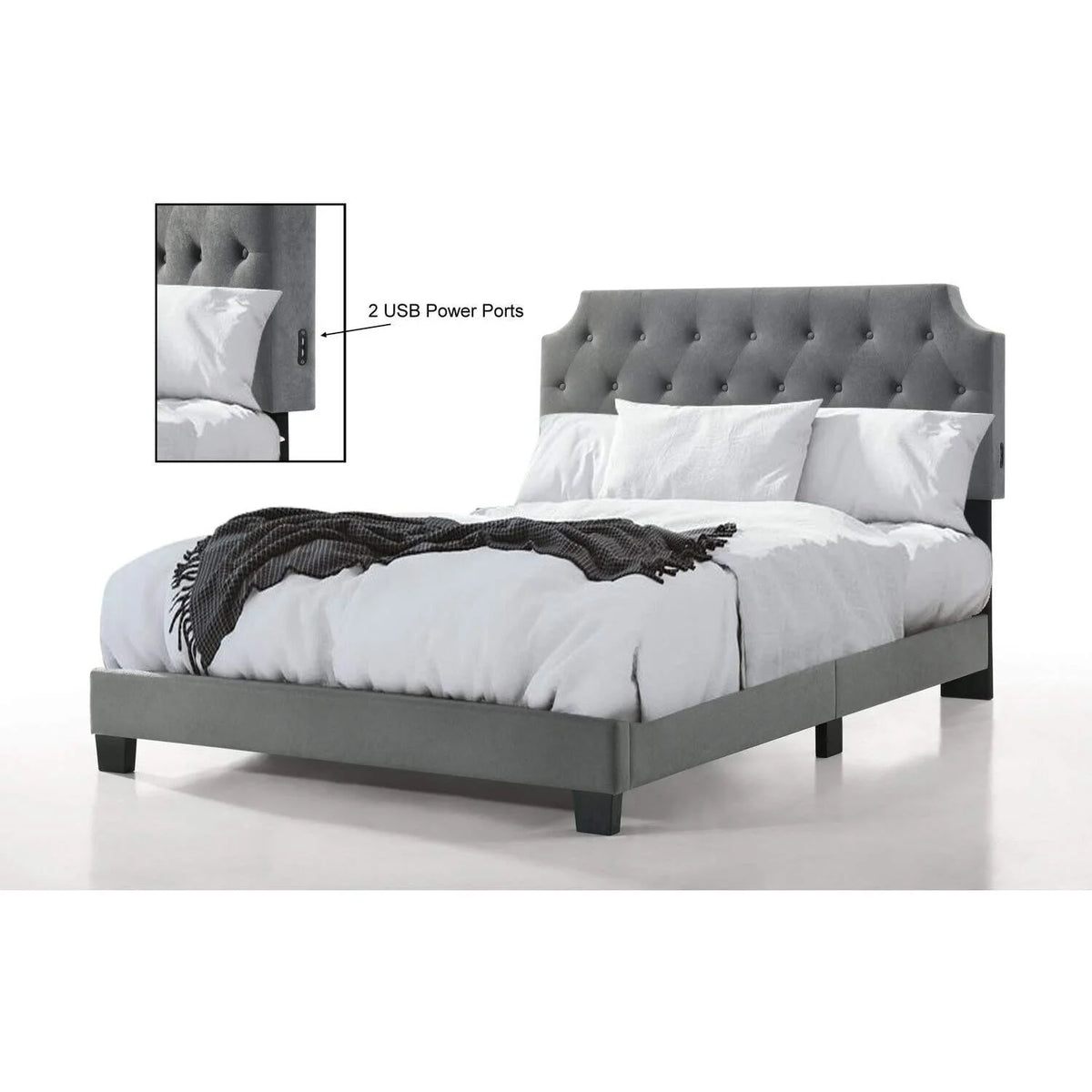 Grey Velvet Twin Size Bed with USB S13014