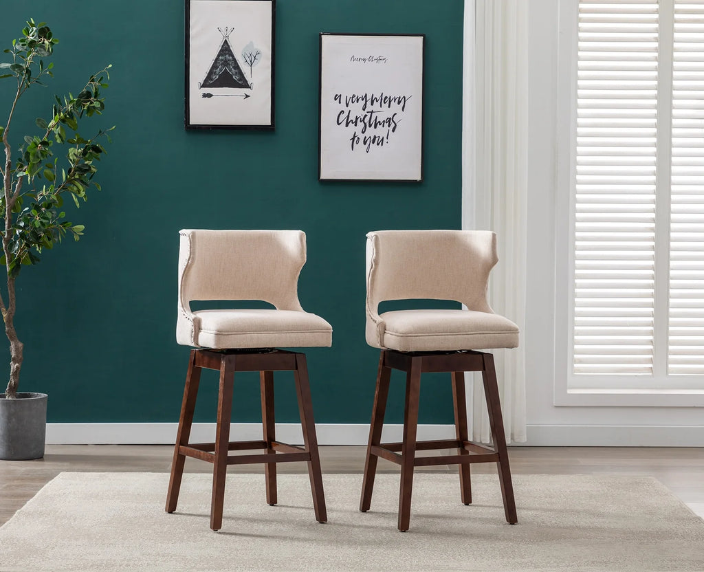 30" Beige Linen Upholstered Swivel Bar Stool Set of 2 with Wooden Legs R5495