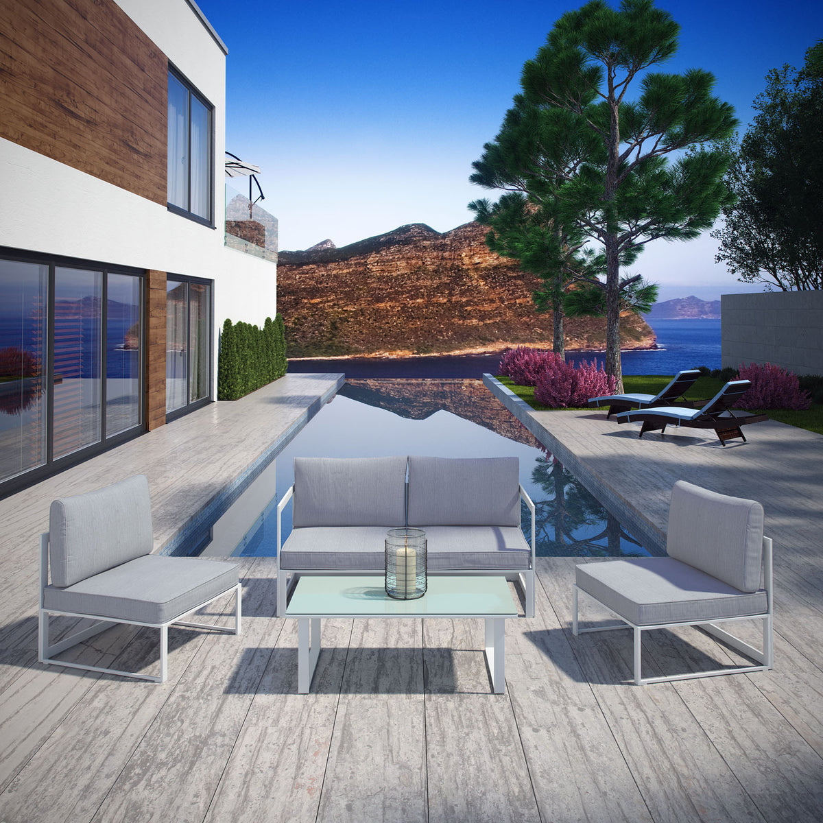 White Grey Fabric Outdoor Patio Sectional Sofa Set E385