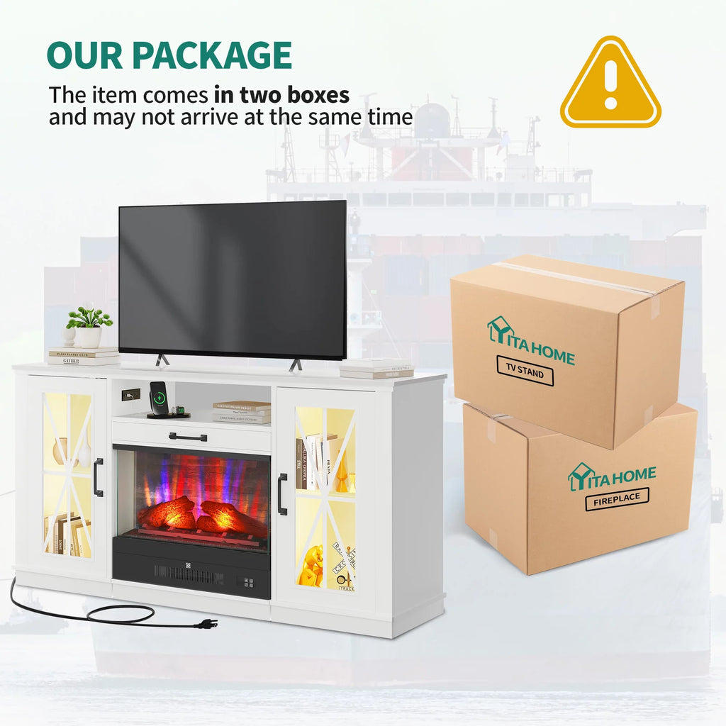 60 Inch White Entertainment Console with Slidable Fireplace and Storage Compartments N161512