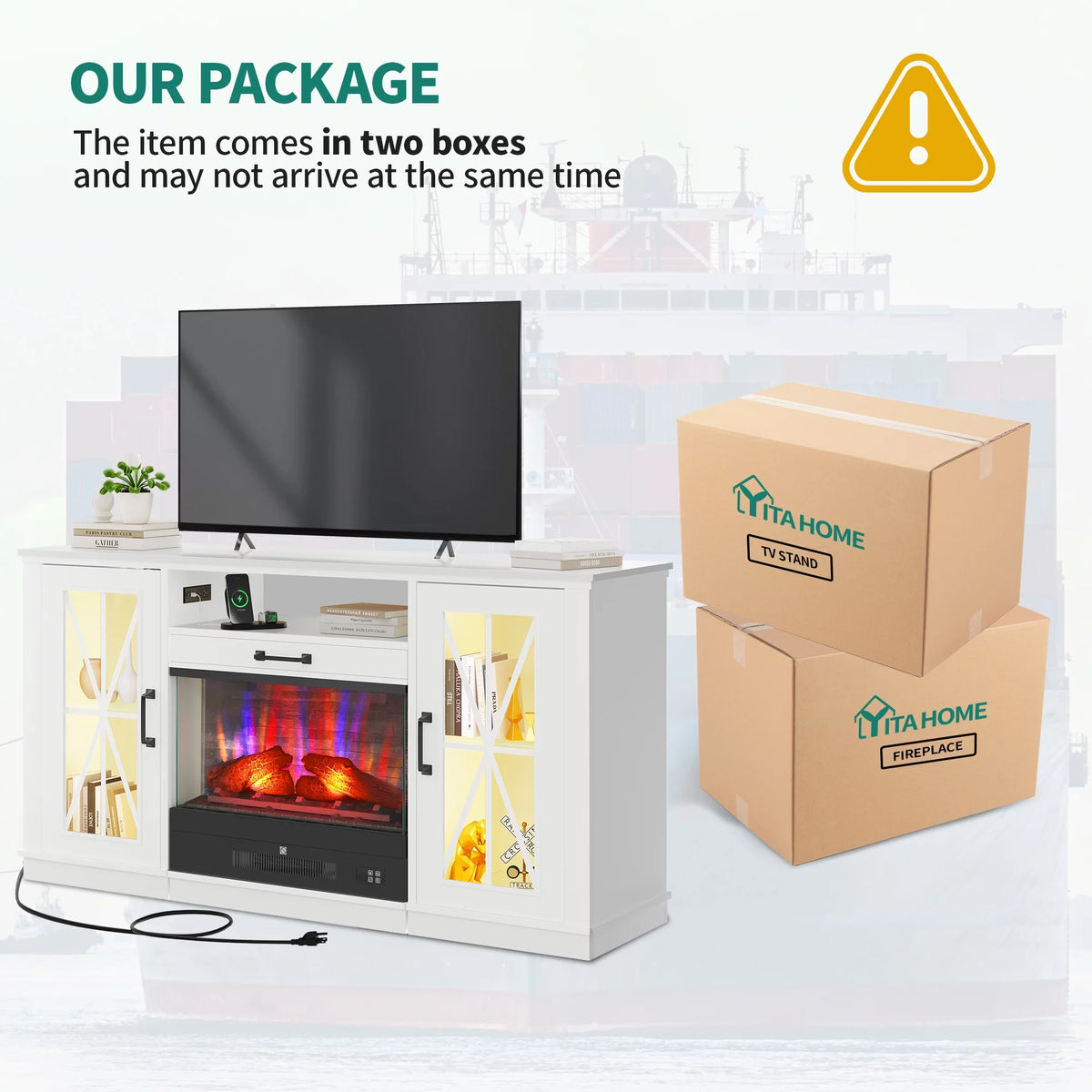 60 Inch White Entertainment Console with Slidable Fireplace and Storage Compartments N161512