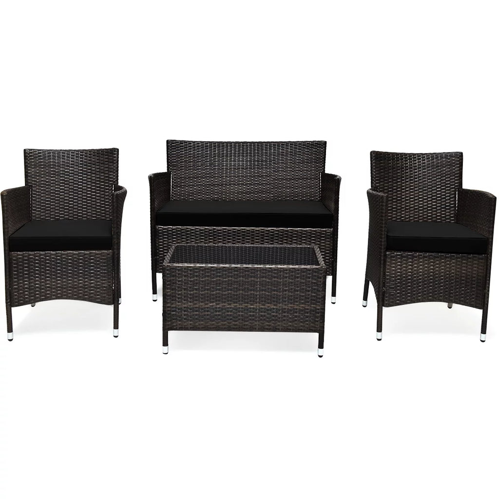 4-Piece Patio Rattan Wicker Furniture Set with Red Cushions I959