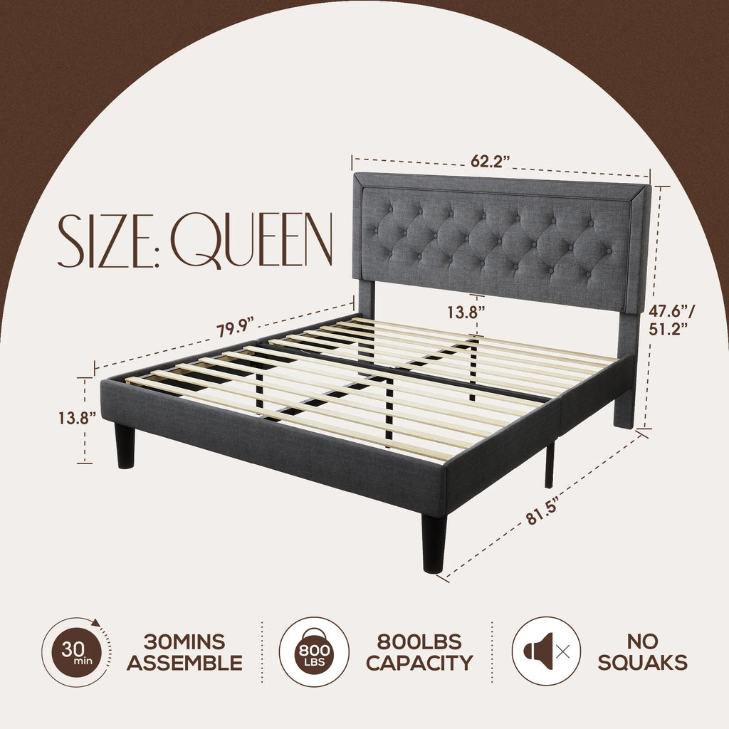 Queen Size Upholstered Platform Bed Frame with Adjustable Headboard I359