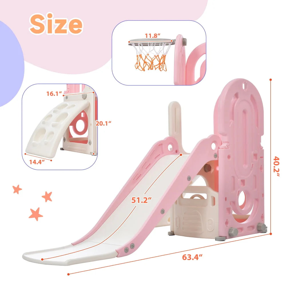 Kids Toddler Climbing and Slide Set 4 in 1, Freestanding Slide Playset with Basketball Hoop and Driving Game Space, Pink P424