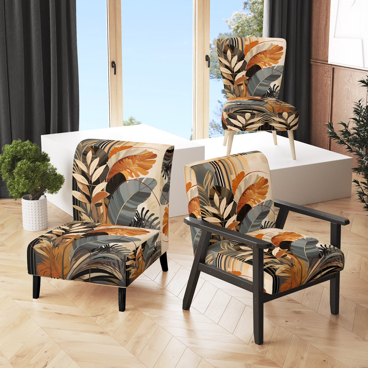 Brown Leaves Floral Pattern Upholstered Accent Chair Z9360