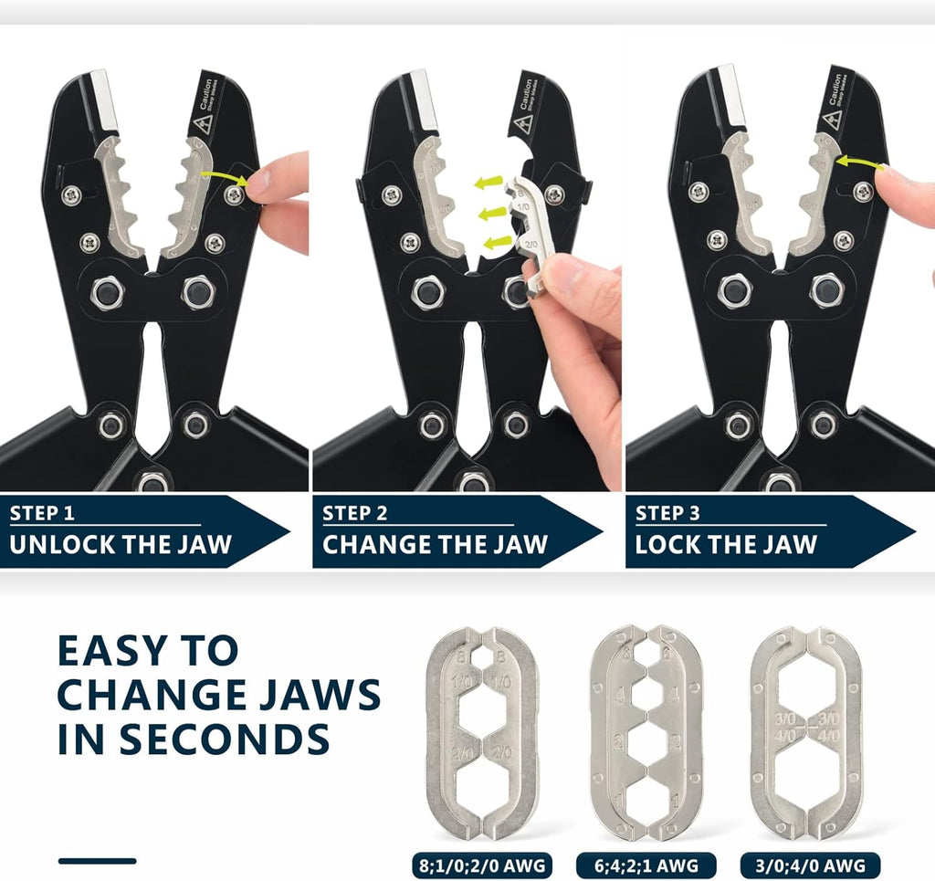 Battery Cable Lug Crimping Tool Set with Interchangeable Jaws for AWG 8-4/0 G2341