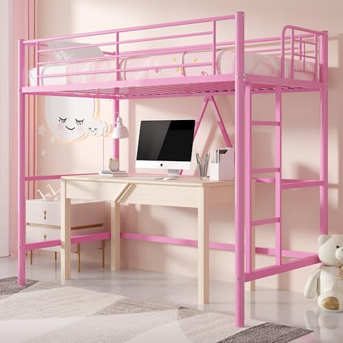 Twin Size Off White Metal Loft Bed with Ladder and Guardrail V684