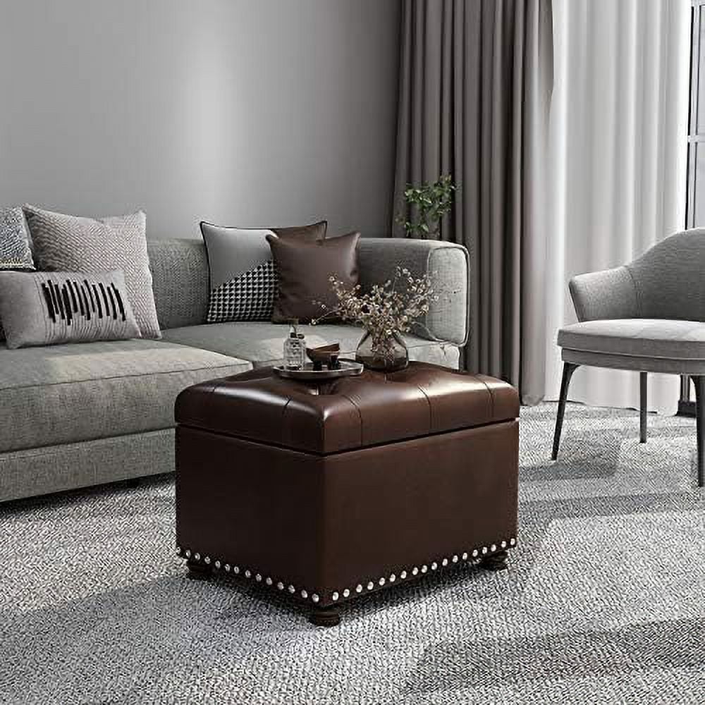 17.7" Brown Faux Leather Tufted Flip Top Ottoman B770153