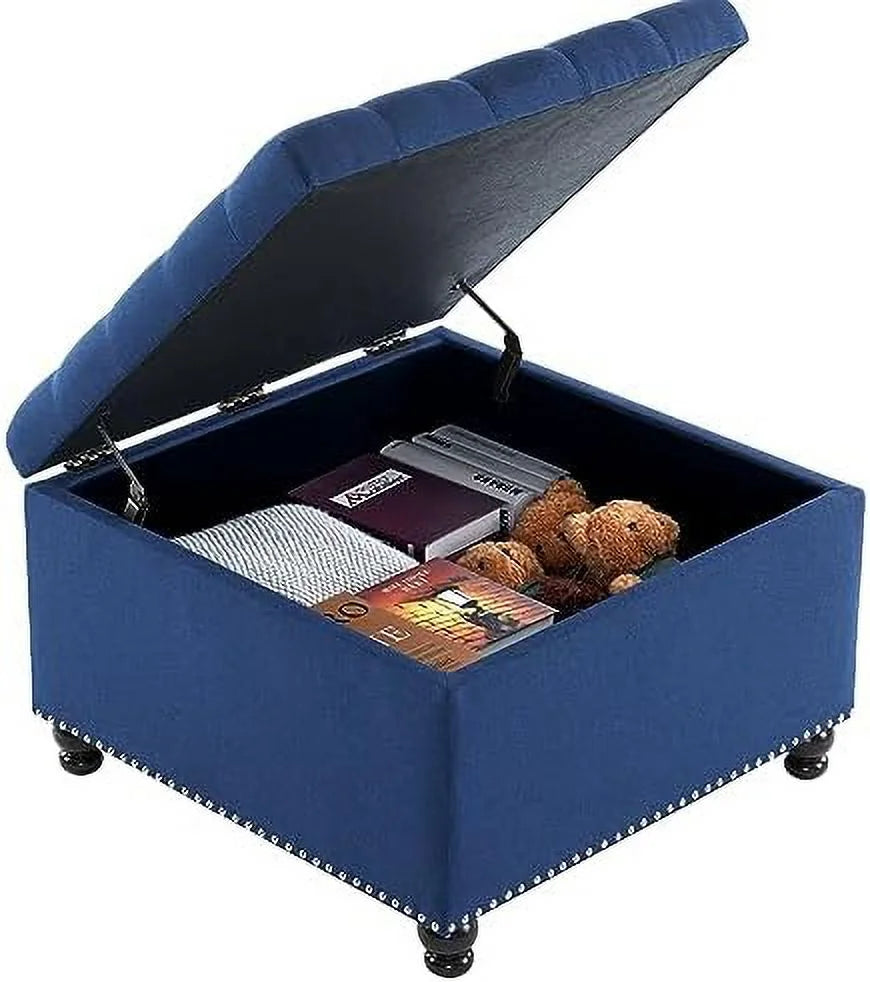 Oversized Linen Ottoman with Wooden Legs Z342