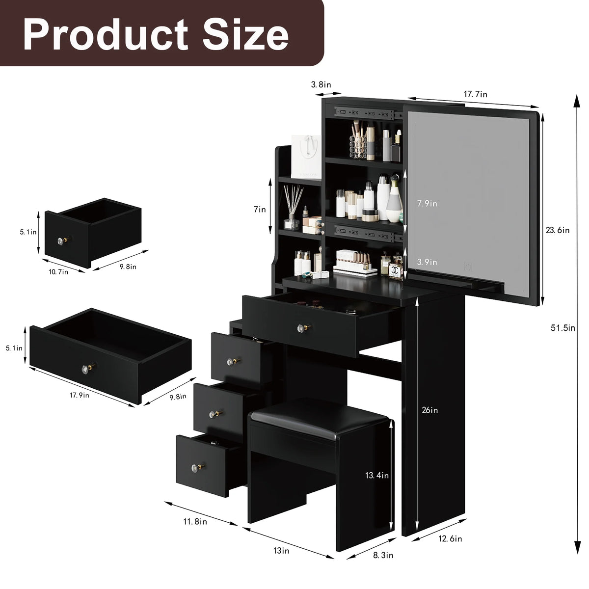 White Vanity Set with Sliding Mirror, Drawers & Stool L33829
