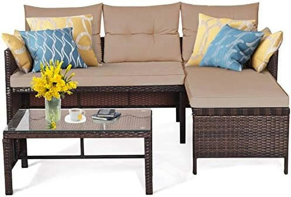 3 Piece Outdoor Rattan Corner Sofa Set with Coffee Table Q79154