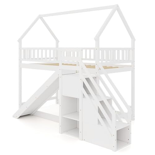 White Wood Twin Over Twin Bunk Bed with Slide and Staircase F80436