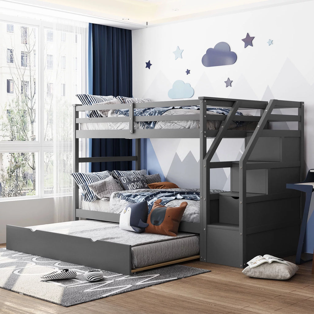 Twin-Over-Twin Bunk Bed with Trundle and 3 Storage Stairs Gray T798
