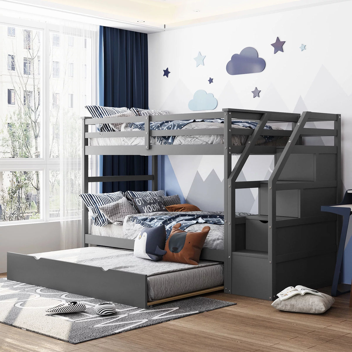 Twin-Over-Twin Bunk Bed with Trundle and 3 Storage Stairs Gray T798