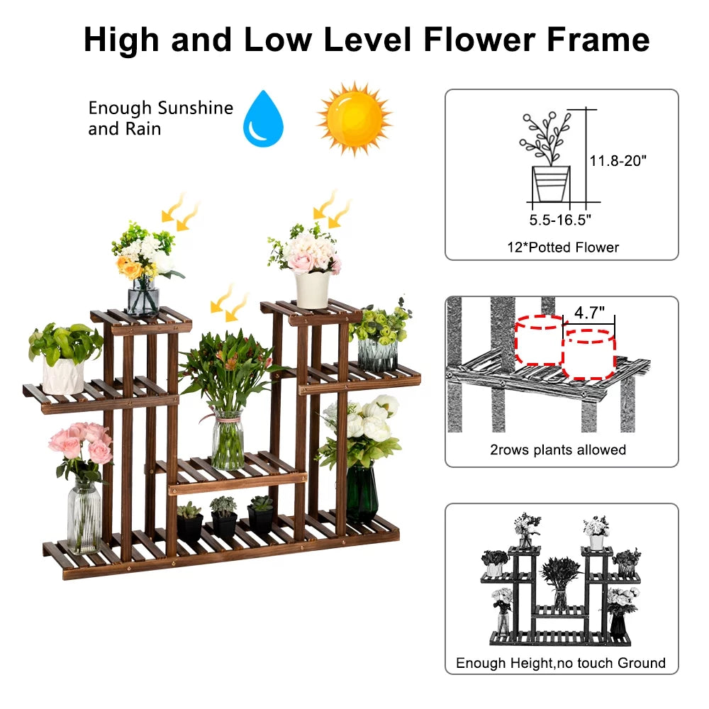 Wood Tall Tiered Plant Stand 4 Floors with 12 Seats L684