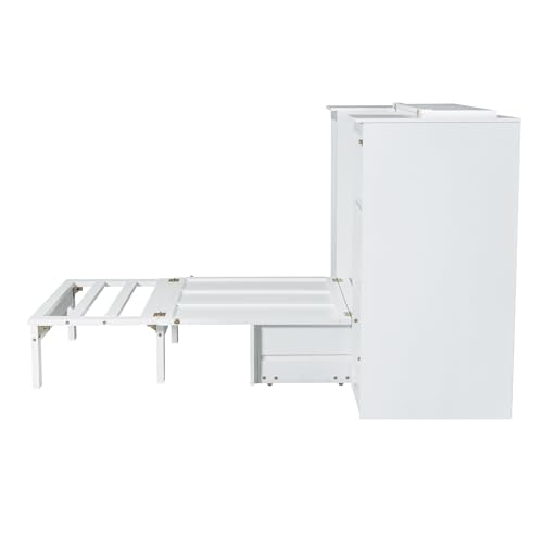 White Twin Size Murphy Bed with Storage Shelves and Wardrobe V2551