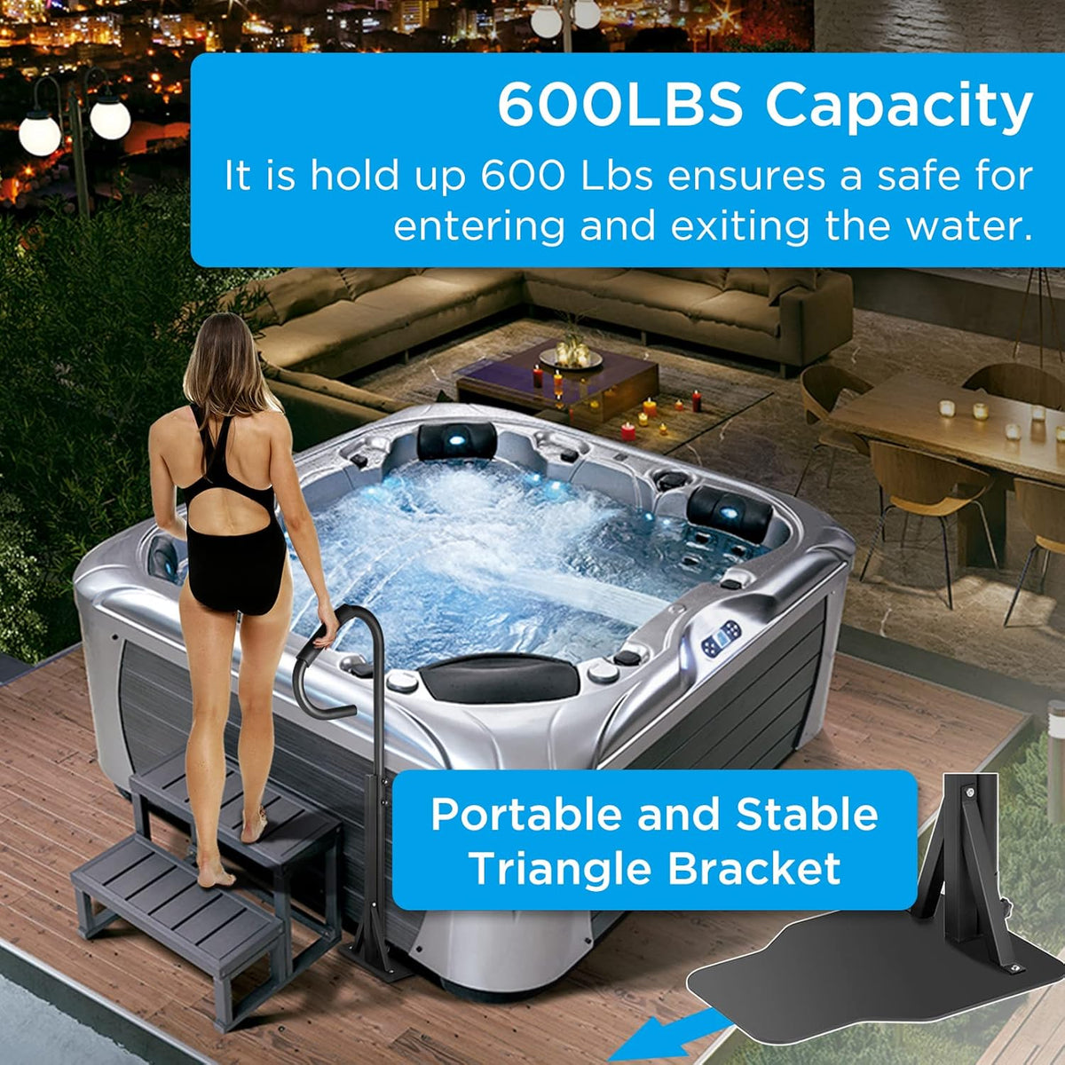 Black Heavy Iron Hot Tub Handrail with Slide-Under Mount Base N672