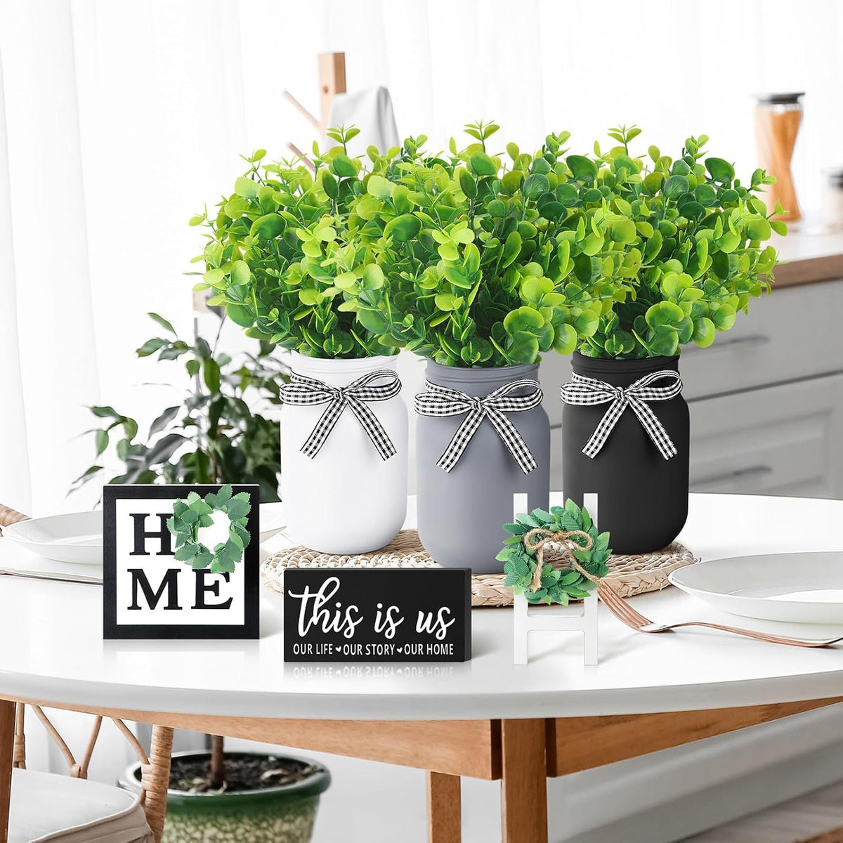12 Pcs Eucalyptus Mason Jar Table Centerpieces Farmhouse Tiered Tray Decor Wooden Signs J960394