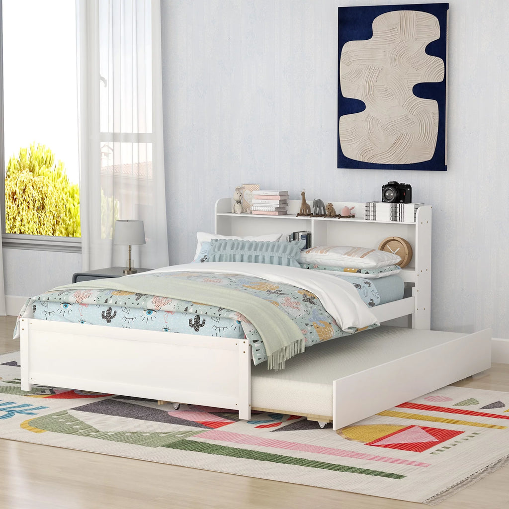 White Wood Full Size Trundle Bed with Bookcase Headboard F19448
