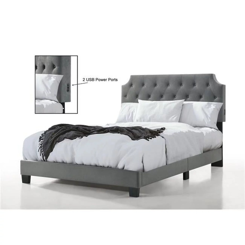 Grey Velvet Twin Size Bed with USB S13014