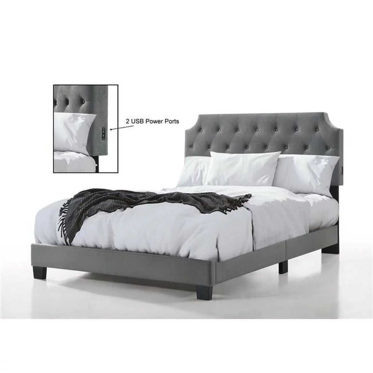 Grey Velvet Twin Size Bed with USB S13014