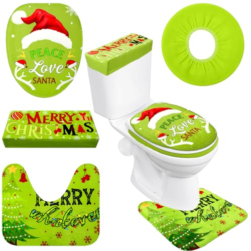4 Pcs Christmas Green Toilet Seat Cover Set W86705