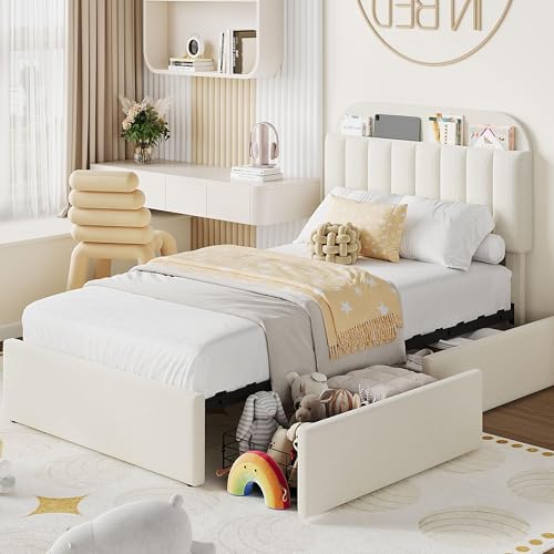 Beige Boucle Upholstered Twin Platform Bed with 2 Drawers V603