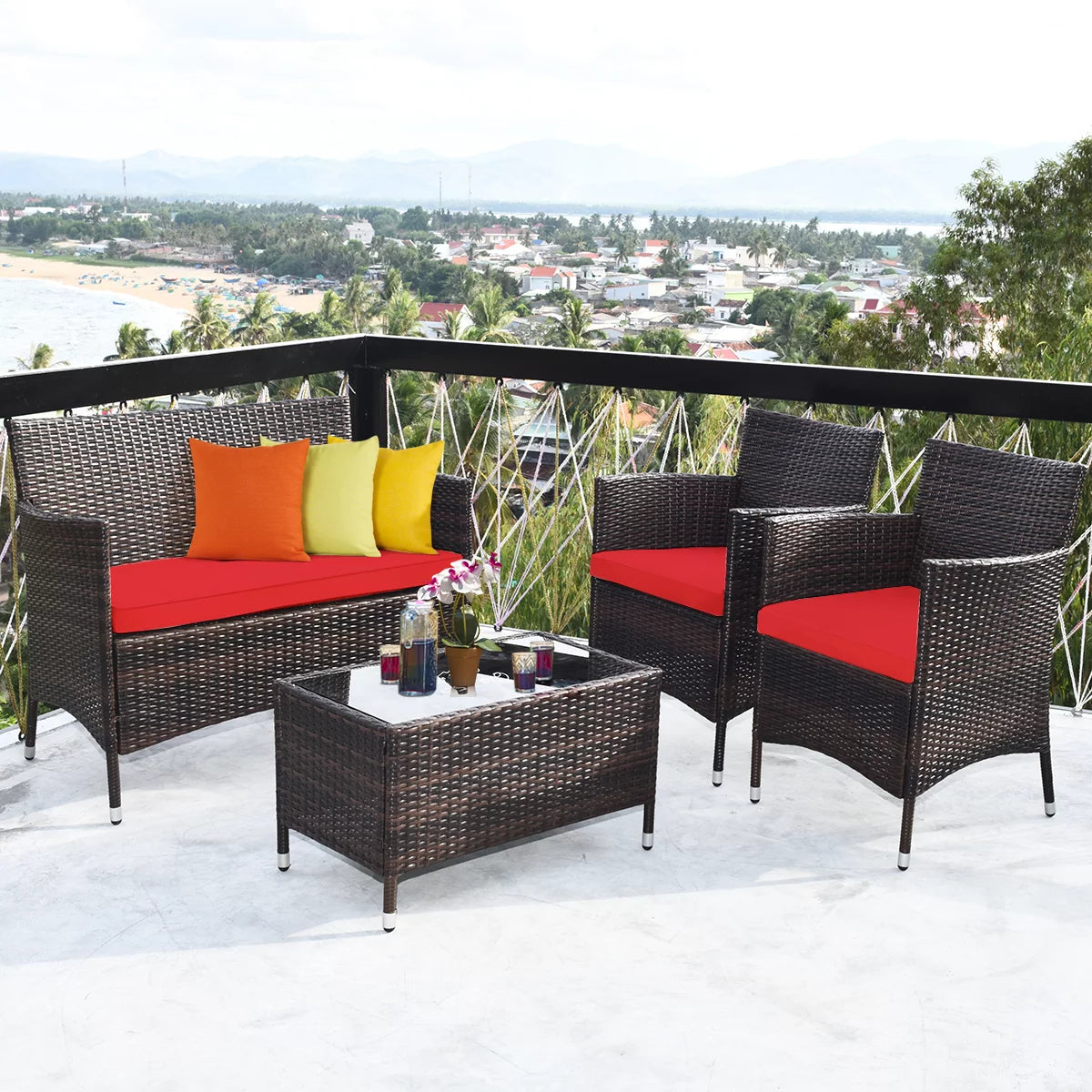 4-Piece Patio Rattan Wicker Furniture Set with Red Cushions I959