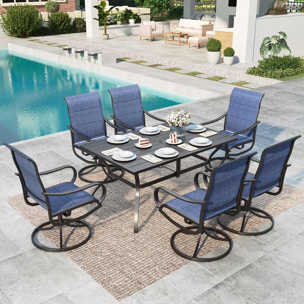 7-Piece Outdoor Patio Dining Set with High-Back Swivel Sling Chairs & Rectangular Table, Black & Blue W413278