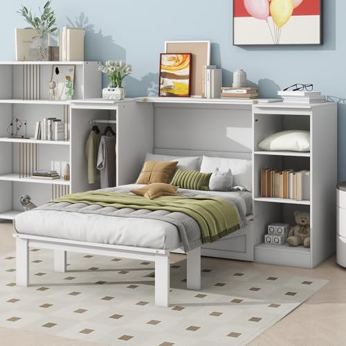 White Twin Size Murphy Bed with Storage Shelves and Wardrobe V2551