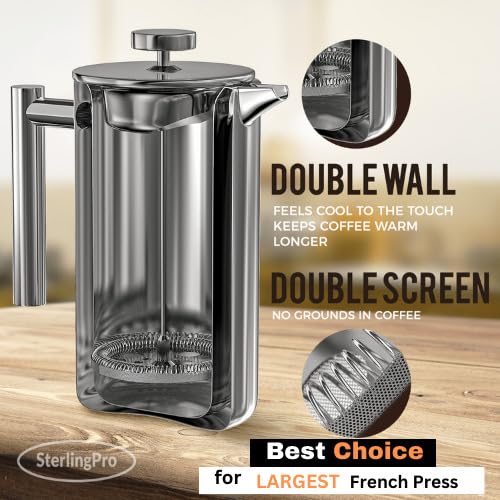 1.75L Double Walled Stainless Steel French Press Coffee Maker with 2 Extra Filters C3936