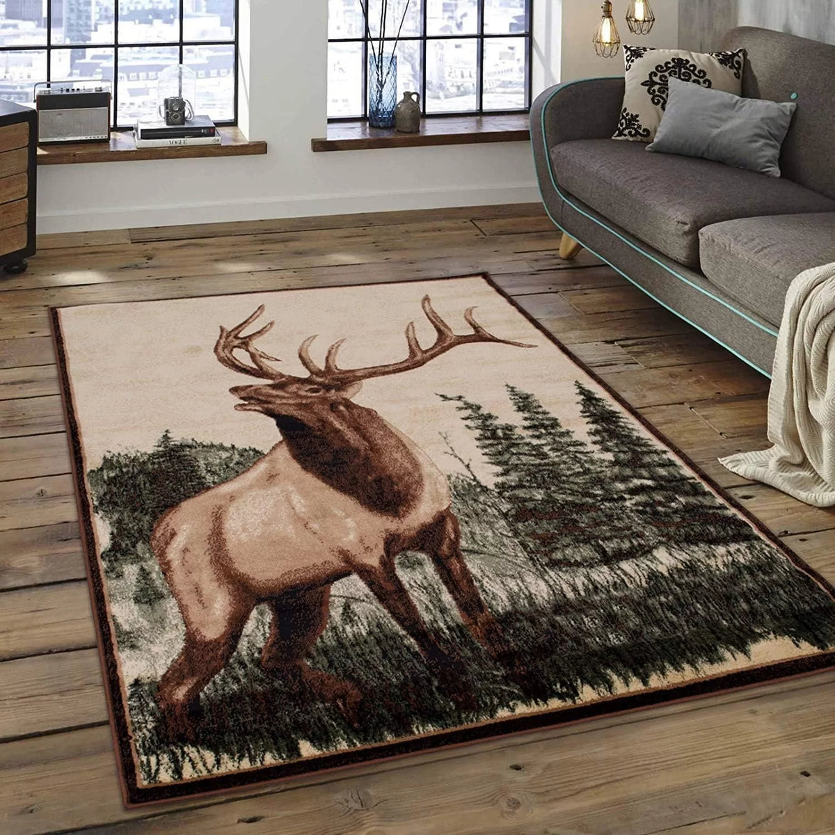 Elk Deer Pine Trees Area Rug 5' 3" X 7' 5" O8700