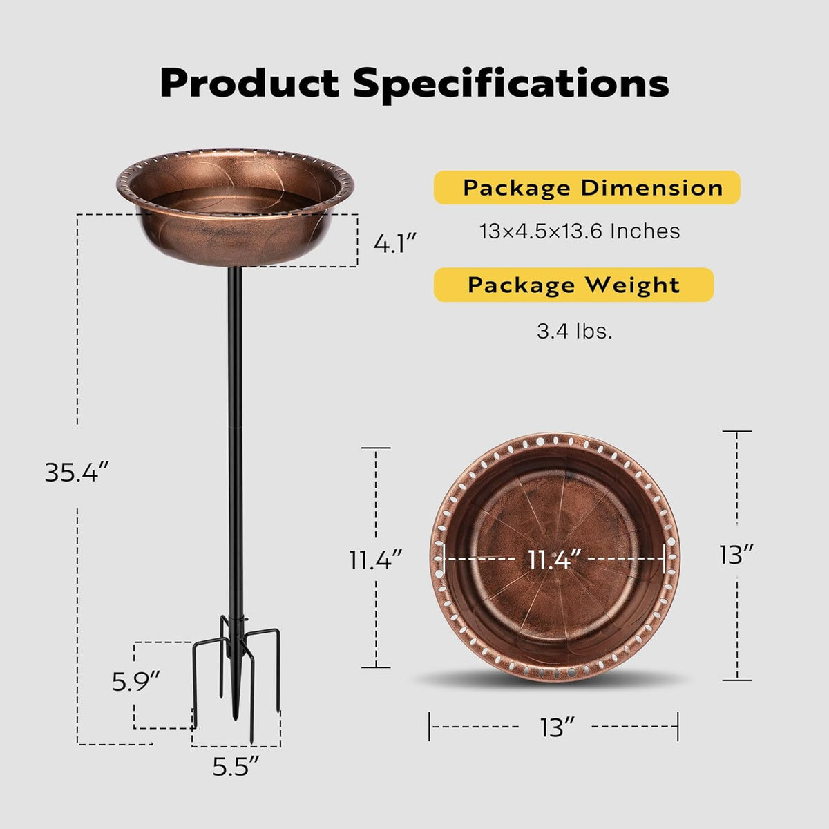29 Inch Polyresin Bird Bath Bowl with Metal Stake K16423