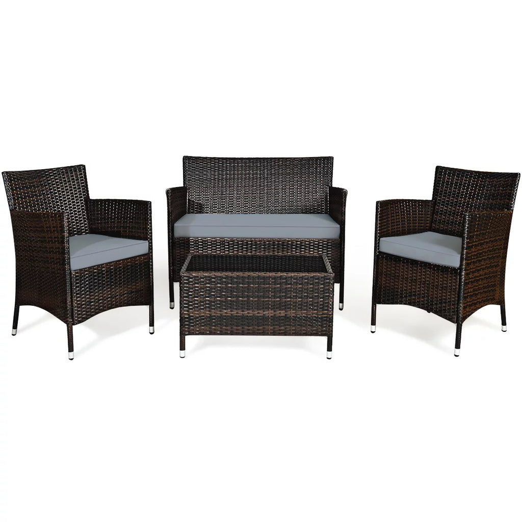 4-Piece Patio Rattan Wicker Furniture Set with Red Cushions I959