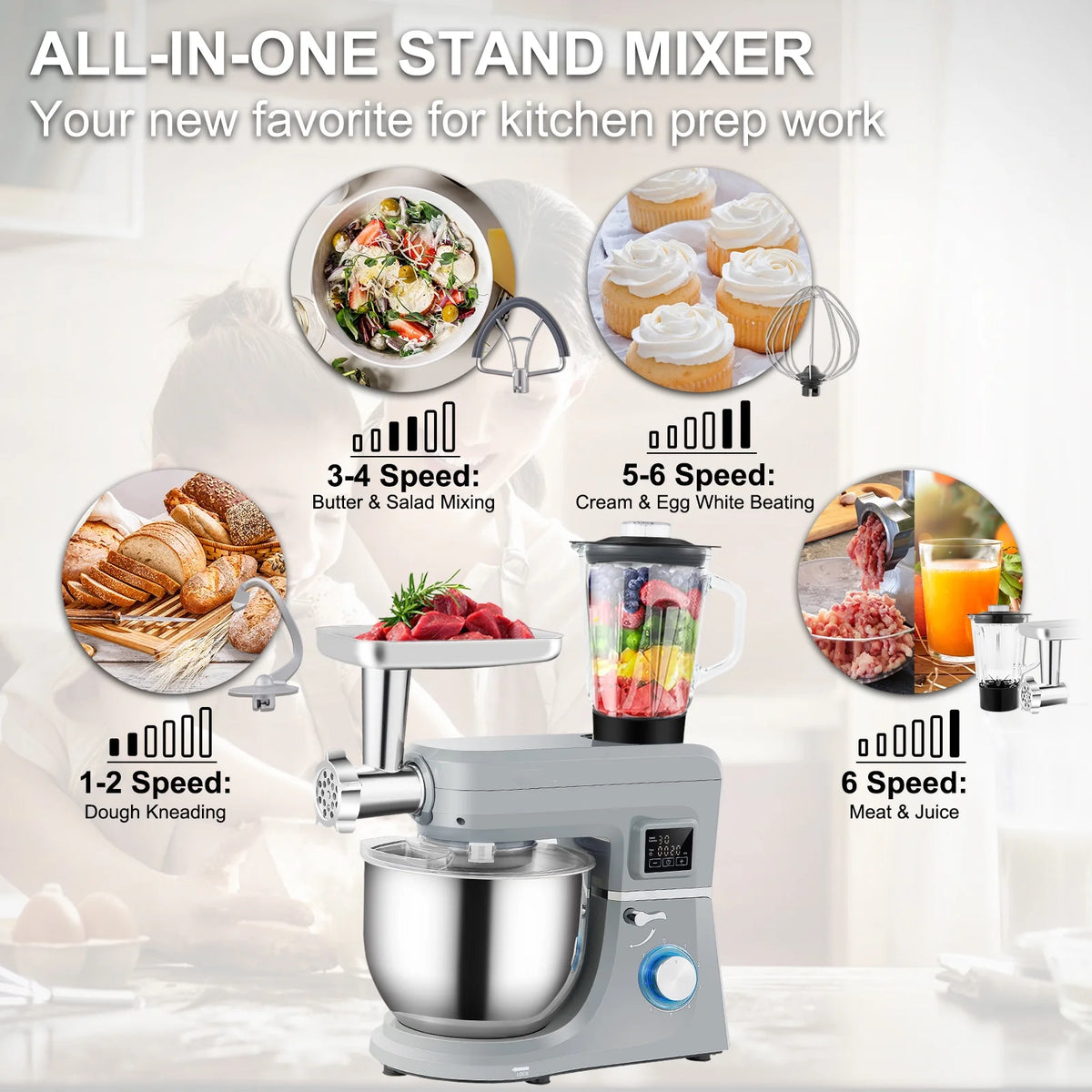 7.4Qt 6-Speed Stand Mixer with Grinder Juicer P2517