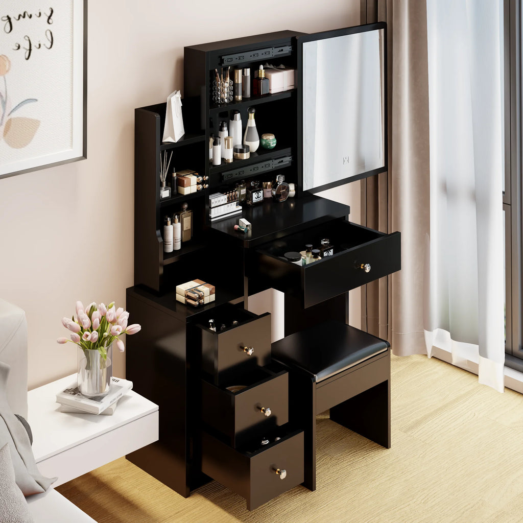 White Vanity Set with Sliding Mirror, Drawers & Stool L33829