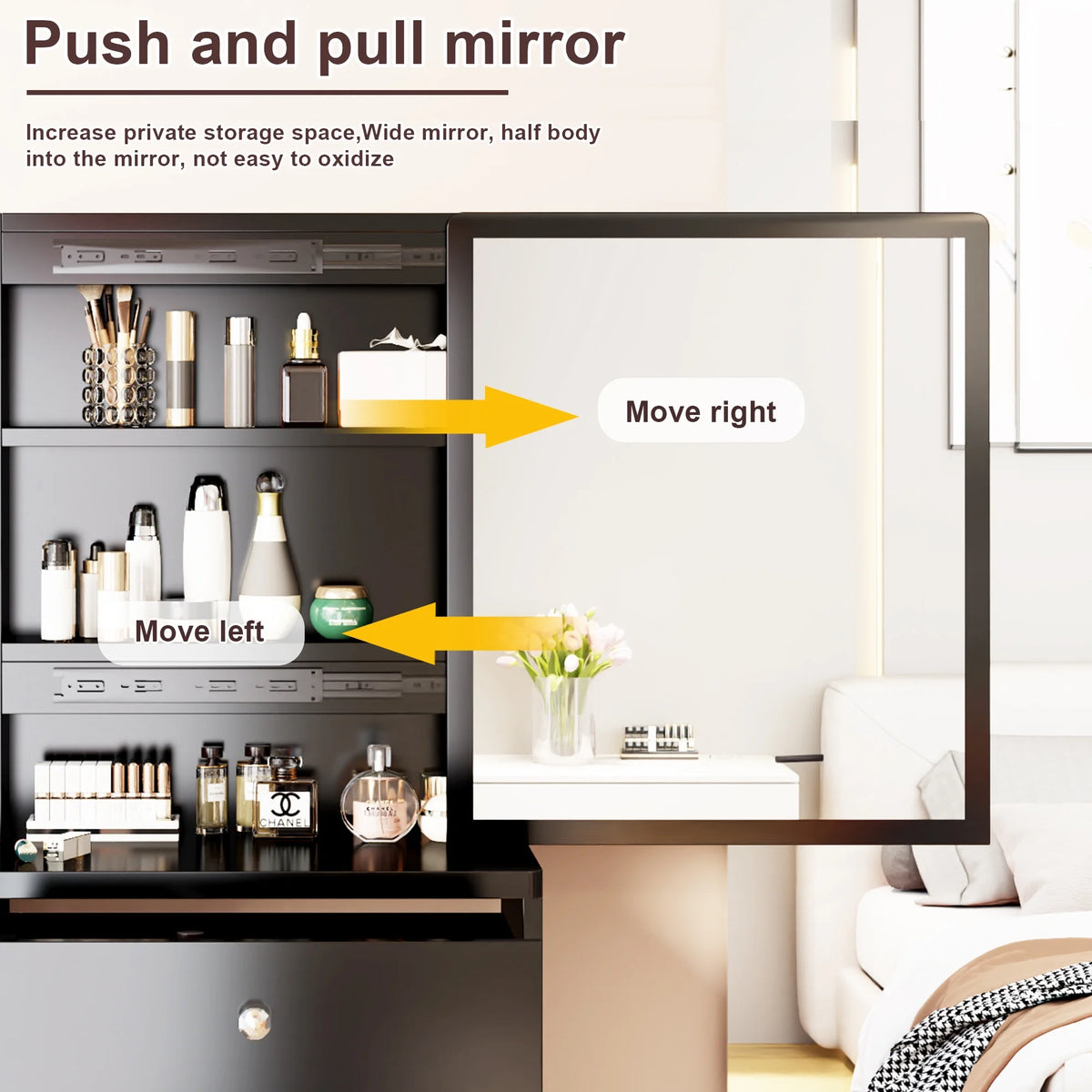 White Vanity Set with Sliding Mirror, Drawers & Stool L33829