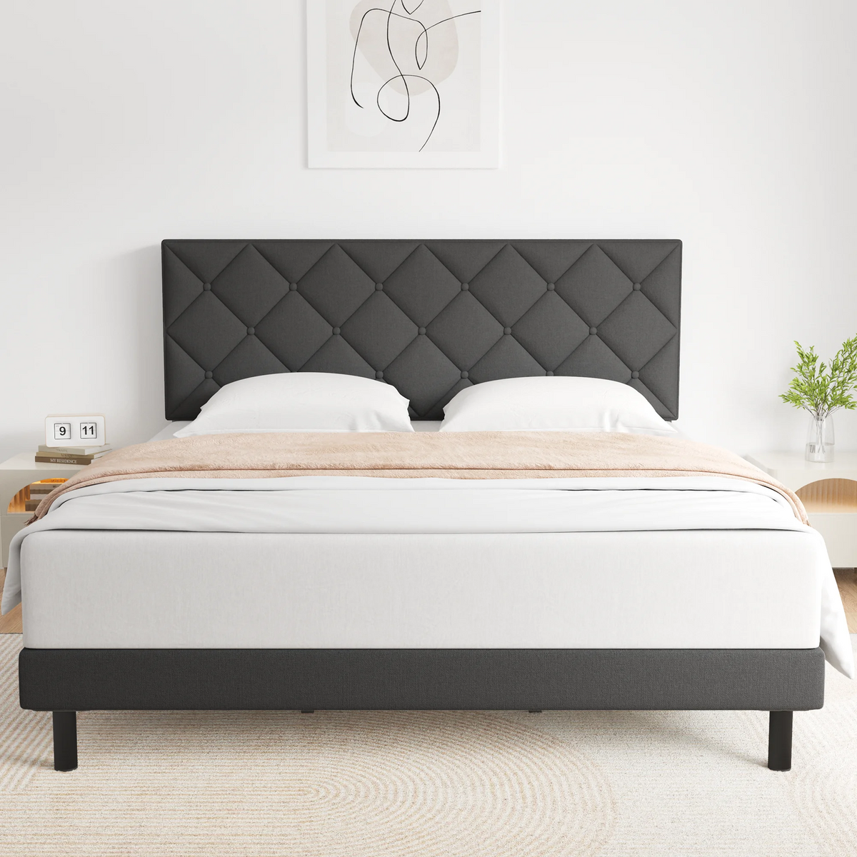 Full Size Bed Frame with Fabric Upholstered Headboard Dark Grey F73666