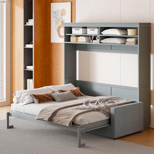 Queen Size Gray Wood Murphy Bed with Storage Shelves Z949647