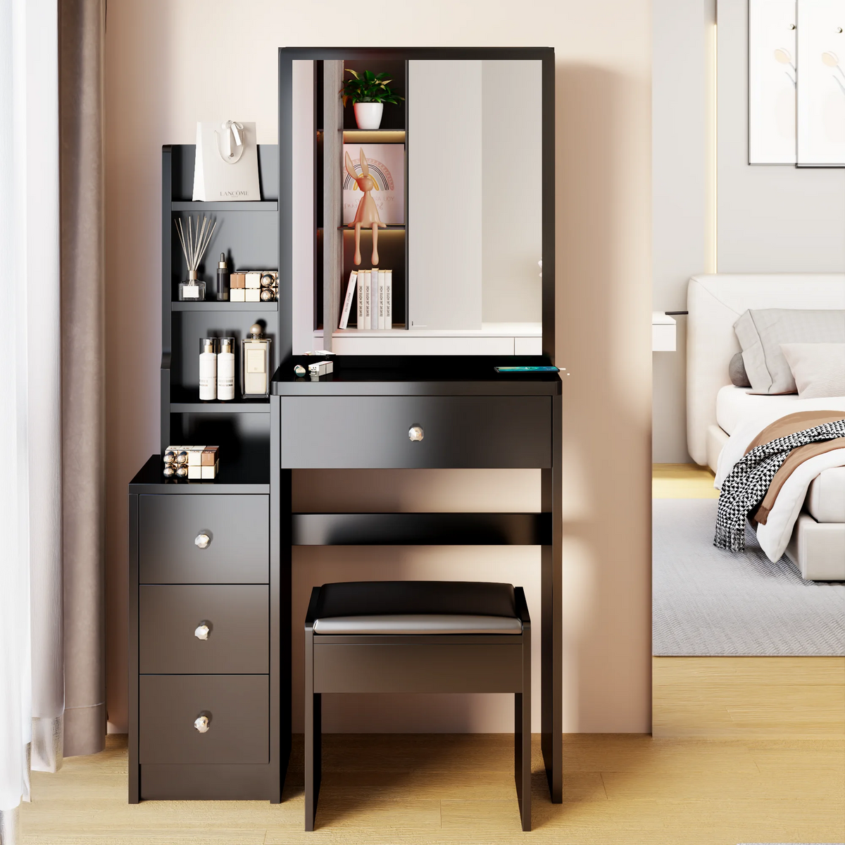 White Vanity Set with Sliding Mirror, Drawers & Stool L33829