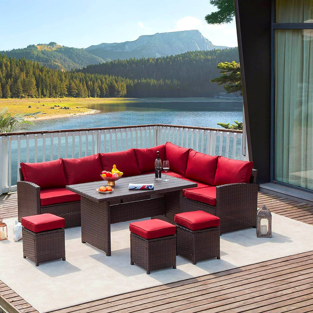 Red Rattan Wicker Patio Dining Table Set J3530