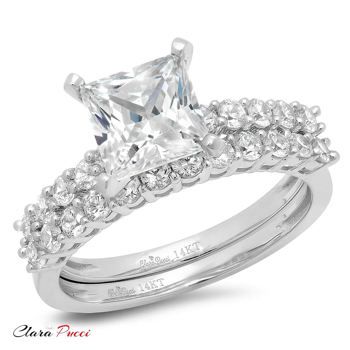 Princess Cut Natural Diamond VS1-VS2 J-K 18K White Gold Engagement Ring Set I957884