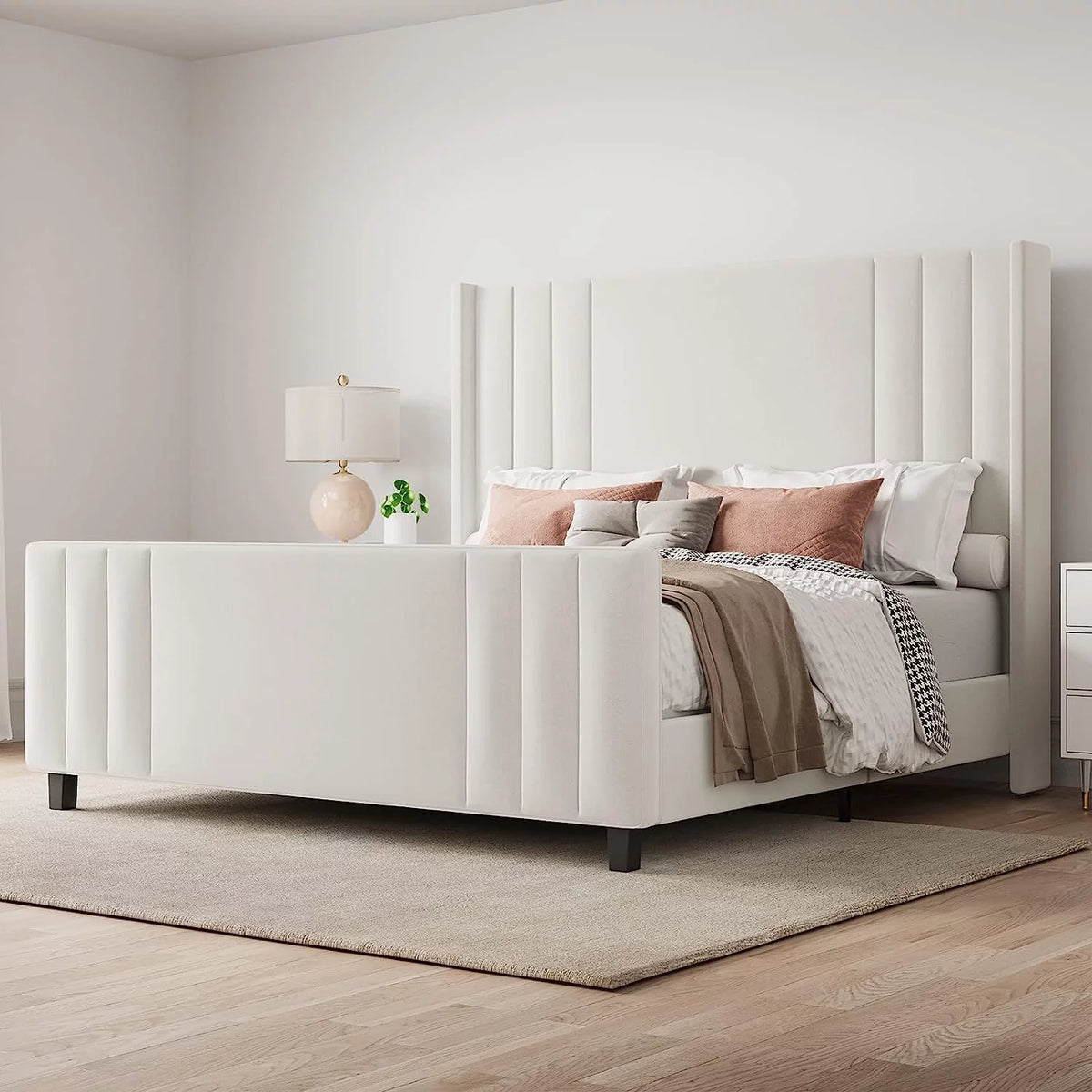 Queen Platform Bed Frame with Vertical Channel, Cream N299159