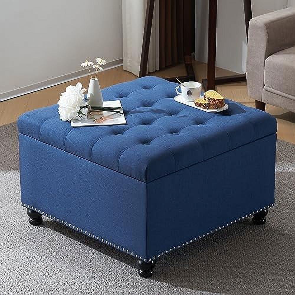 Oversized Linen Ottoman with Wooden Legs Z342