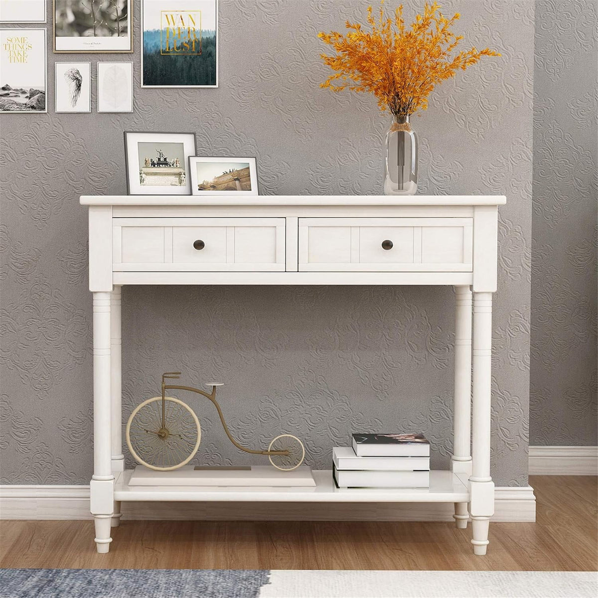 Small Ivory White Console Table with Drawers V95995